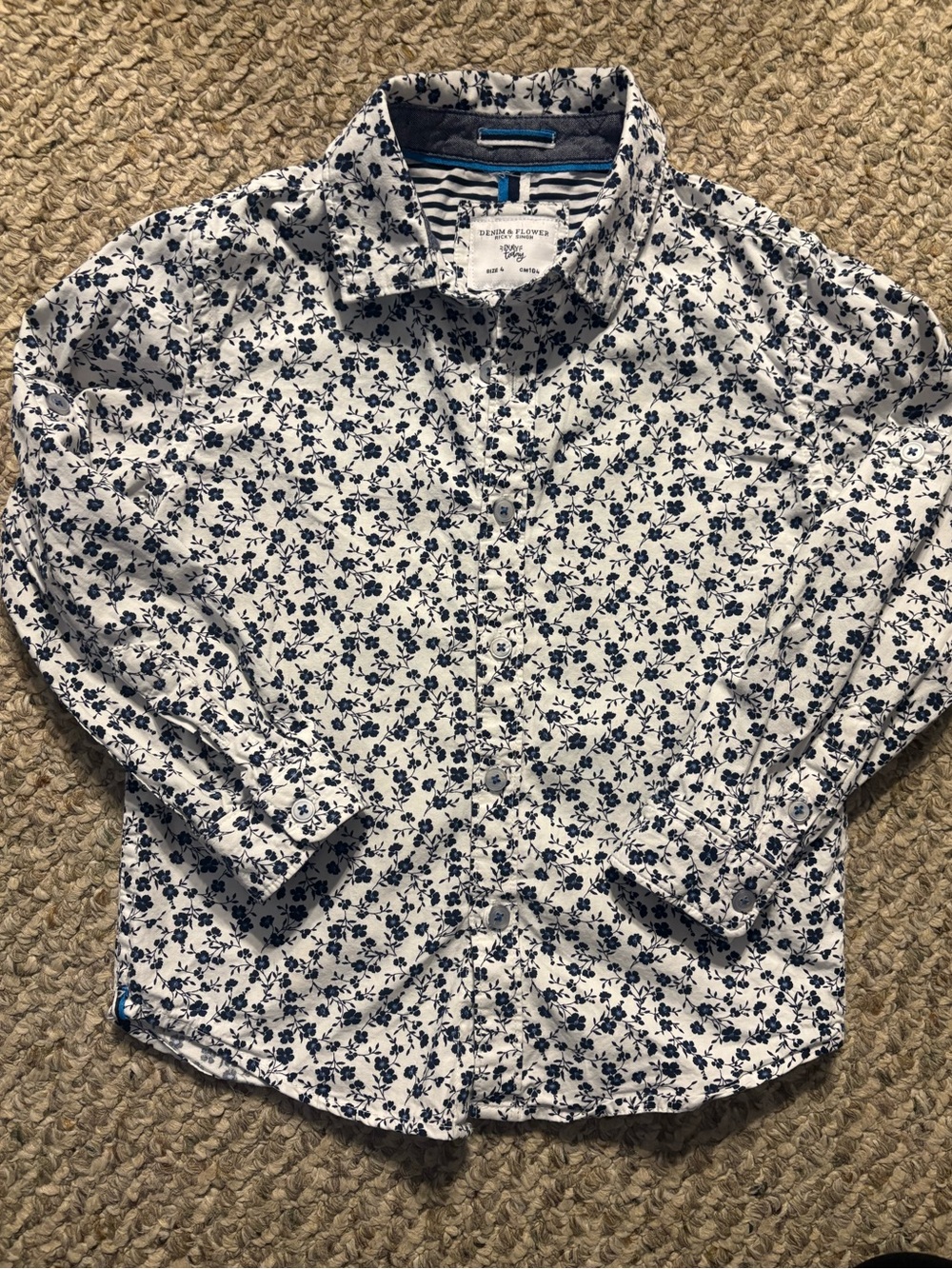 Denim & Flower Kids White Button-Down Shirt with Navy Floral Print, Size 4